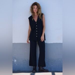 Free People Stockton Cotton-Linen Top & Wide Leg Pants Set in Black Sz S